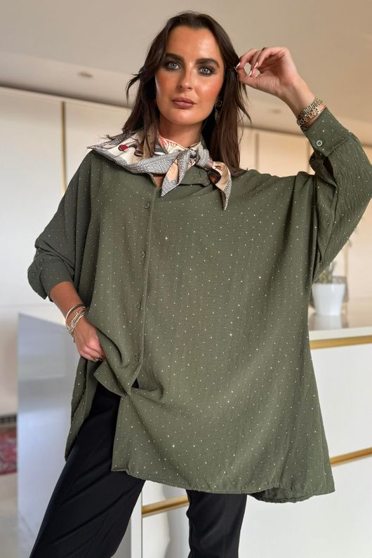 Stella Micro Stud Oversized Shirt Khaki